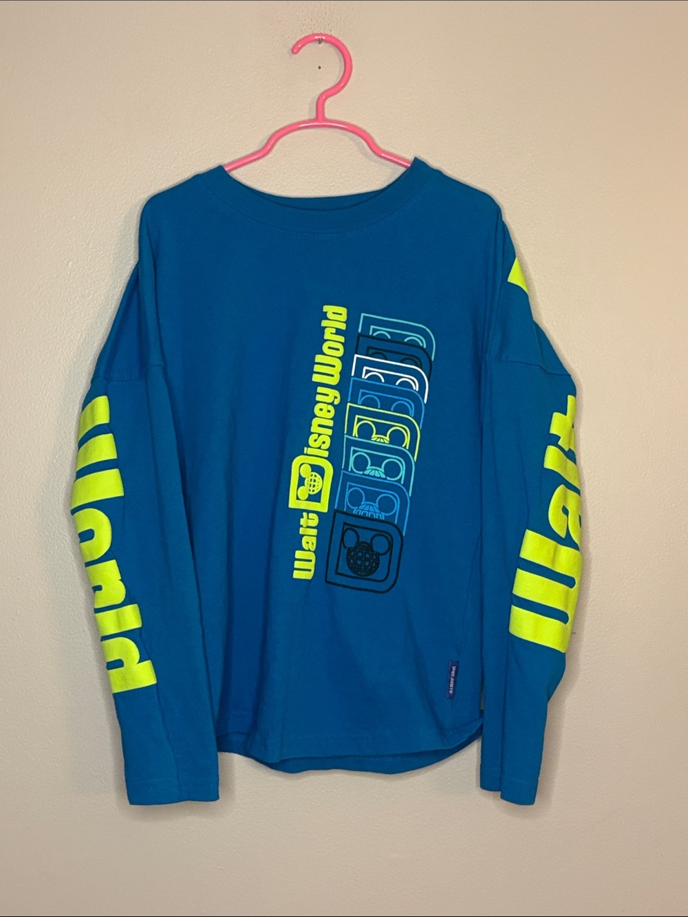 Disney Blue Long Sleeve Tee with Neon Yellow Graphics